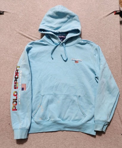 Polo Sport Ralph Lauren Fleece Hoodie Sweatshirt Mens XL Blue American Flag Logo