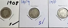 BARBER DIMES 1908, 1909, 1910- LOT OF 3