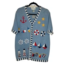 Quaker Factory Teachercore Cabin Coastal Grandma Embroidered Cardigan sz L