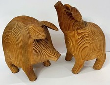 Vintage Indian Hand Carved Wood Pig Boar Sculptures Sandblasted Cedar Grain Pair