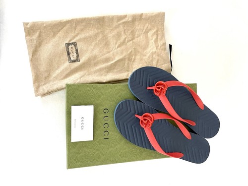 NEW GUCCI MEN'S RED BLUE DOUBLE G THONG FLIP FLOPS SANDALS GUCCI SIZE 12G - Picture 12 of 12