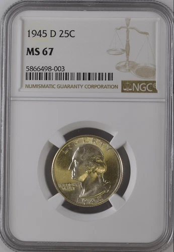 :1945-D 25C WASHINGTON QUARTER BLAST WHITE SUPERB NGC MS67 RARE R5 HIGH GRADES
