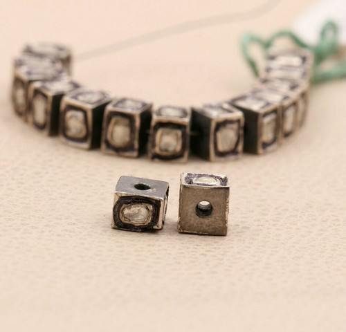 Silver Square Beads Polki Design Diamond Bead 925 Sterling Silver Diamond Spacer - Picture 2 of 12