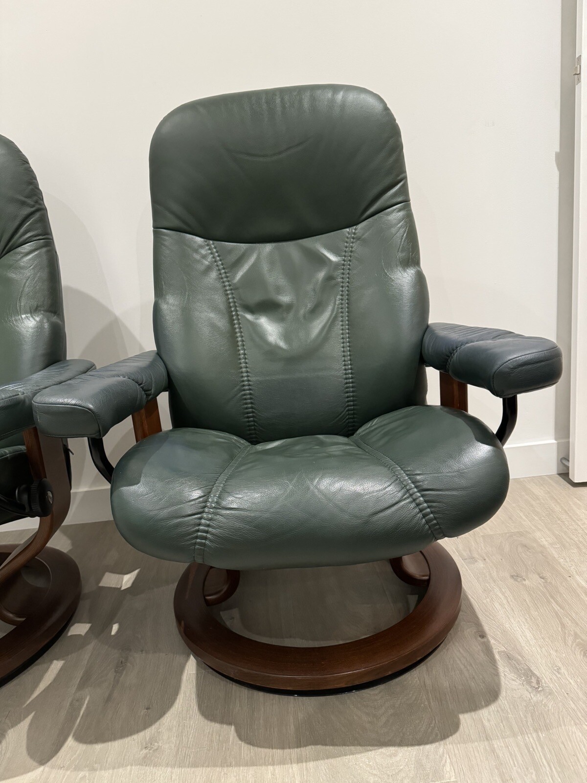 Pair of Ekornes Stressless Consul Green Leather Recliner Chairs