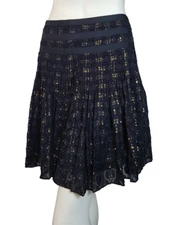J CREW Navy Blue Gold Metallic Silk Clip Dot Pintuck Pleat Mini Skirt 14 E4080