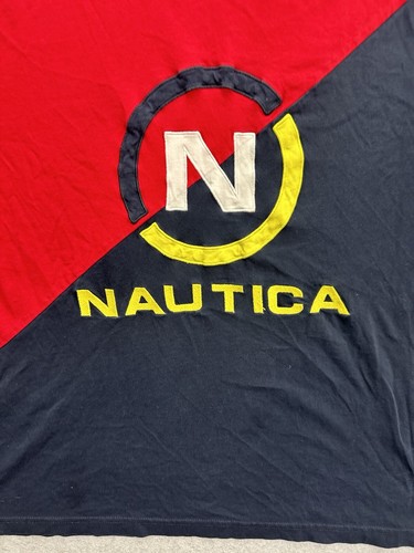 Nautica Split Tee Embroidered Big Logo Yellow Red & Navy Blue Men's Size XL - Picture 5 of 7