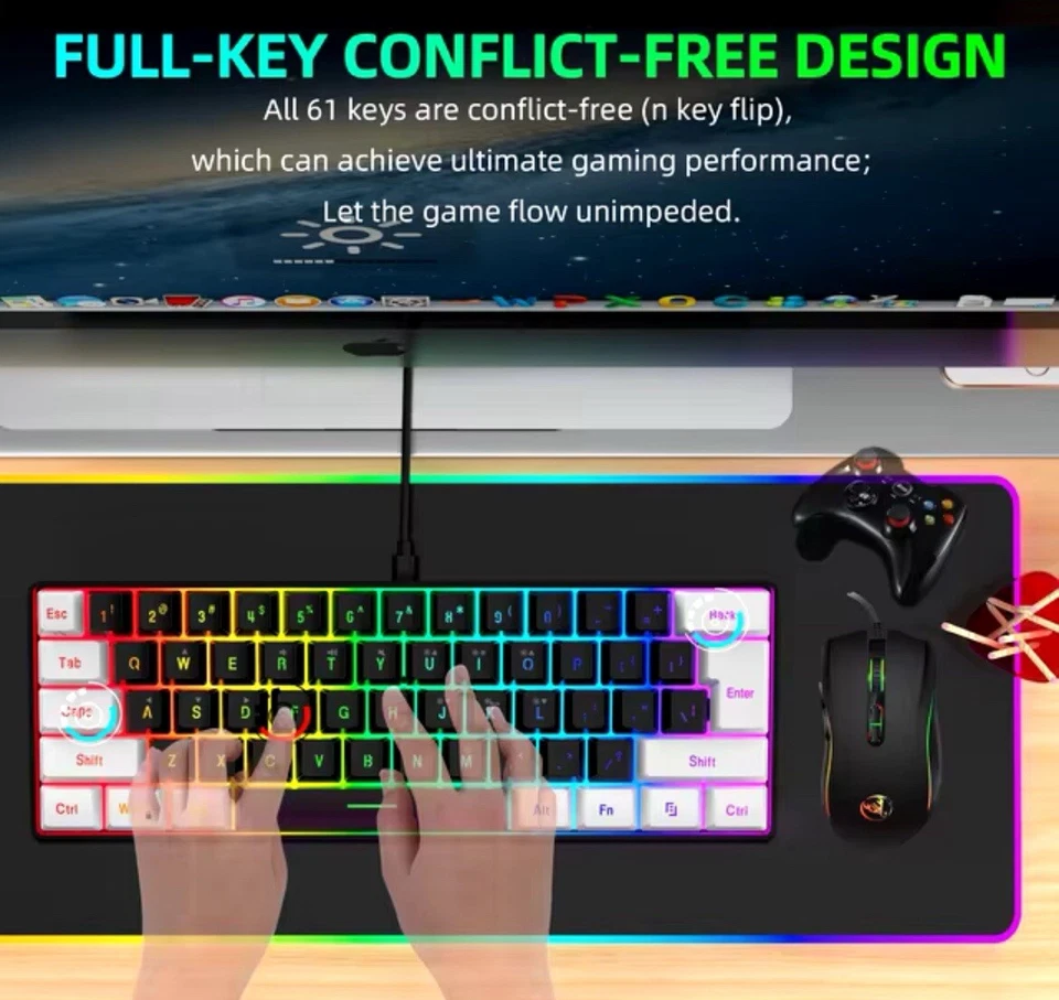New 61keys Wired White Black Keyboard RGB Gaming Mouse Office Kit Backlight - Image 3 of 4