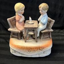 Sankyo Japan Vintage Music Box - Boy and Girl at Table with Candle Praying