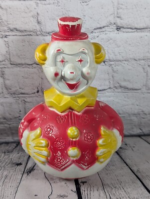 Vintage Roly Poly Toy Clown Hard Plastic Creepy 11'' Red Yellow Air Brushed READ