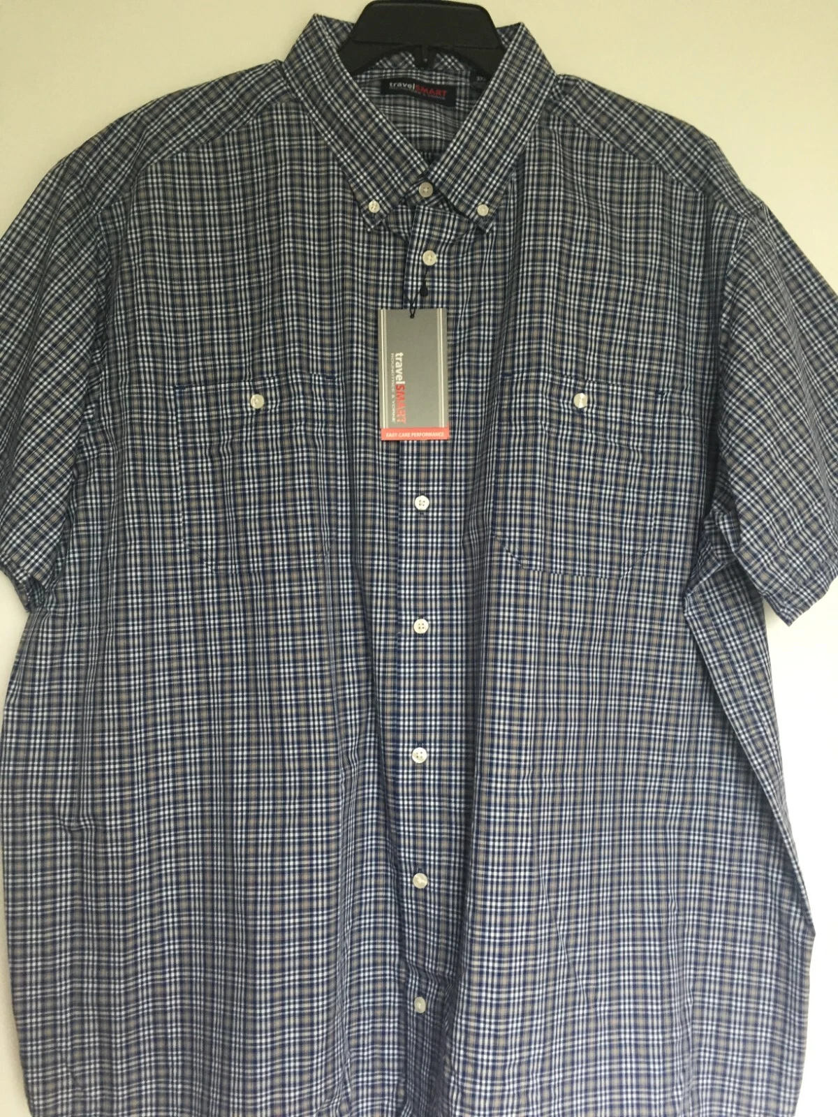 Roundtree Yorke Travel 4XB Button Front Short Sleeve Big & Tall Navy Tan NWT Men