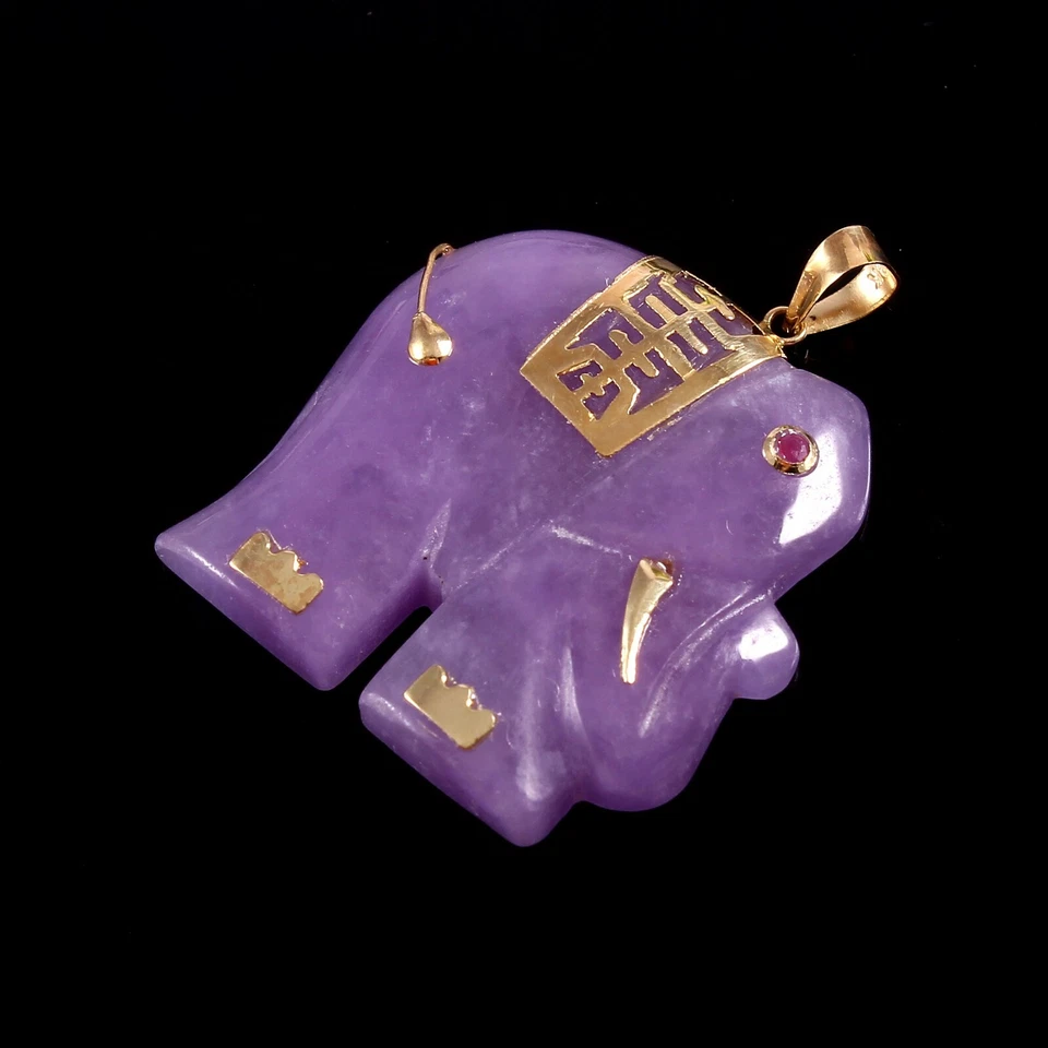 14k Solid Gold Schmuck Natürlich Lila Jade Hand Geschnitzt Elefant Anhänger - Bild 2 von 4