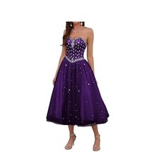Strapless Tea Length Prom Dress, Tulle Ball Gown Crystal, Corset Back 4