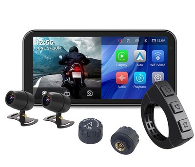 Motorcycle DVR, 6.25'' Wireless CarPlay Android Auto+ Dual 1080P HD Dash Cam+TPMS