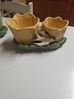 Vintage 1948 McCoy Pottery Yellow & Green Double Tulip Planter w/ Bird