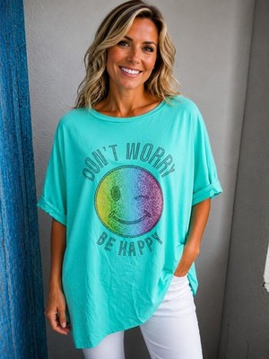 Hübsches T-Shirt 50-54 Tragbar Smiley Dont Worry Be Happy Curvy Oversize Mint 