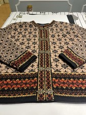 VTG Frost 100 Wool Nordic Cardigan Sweater Scroll Toggles Fair-Isle Sz PS