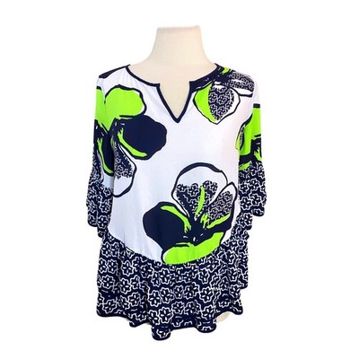 Kaari Blue Floral Mixed Print Tunic Top Navy Lime Green Bell Sleeve XS
