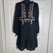 Ann Taylor Black Embroidered Boho Dress Women 4 Long Sleeve Ruffle Neckline Goth