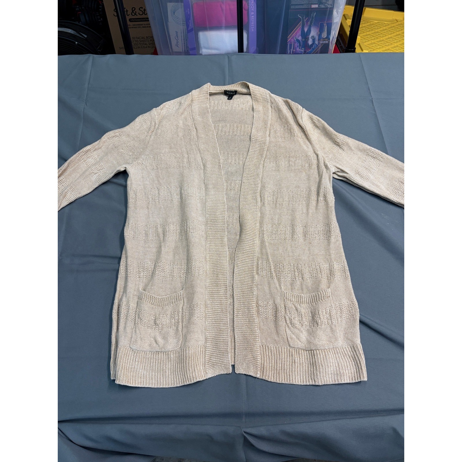 Talbots Womens Beige 100% Linen Open Front Cardigan Sweater Pockets Size Large