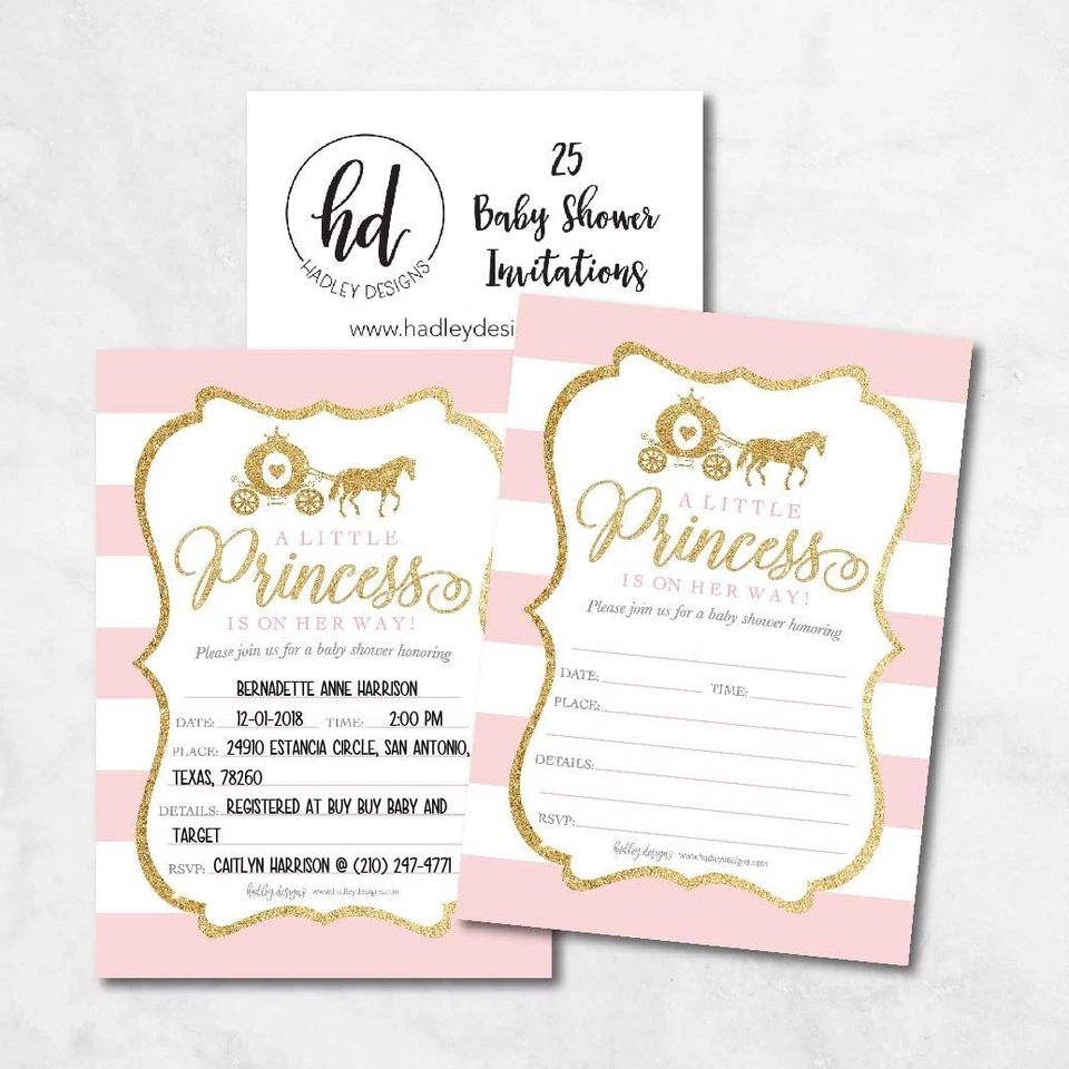 25 invitaciones de baby shower Little Princess, invitación rosa y dorado para niña Foto 2 de 4