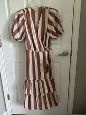 Target Knox Rose Wrap Midi Dress S Red White Striped Puff Sleeve Tassel Tiered