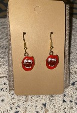 Halloween Vampire Fang Lips Dangle Earrings Red Enamel Gothic Horror
