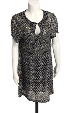Lucky Brand Shift Dress M,  Black Multi Key Hole Front Short Sleeve Dress