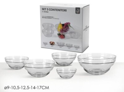Set 5 Contenitori Tondi in Vetro Frigo Box Trasparenti per Alimenti Cibo
