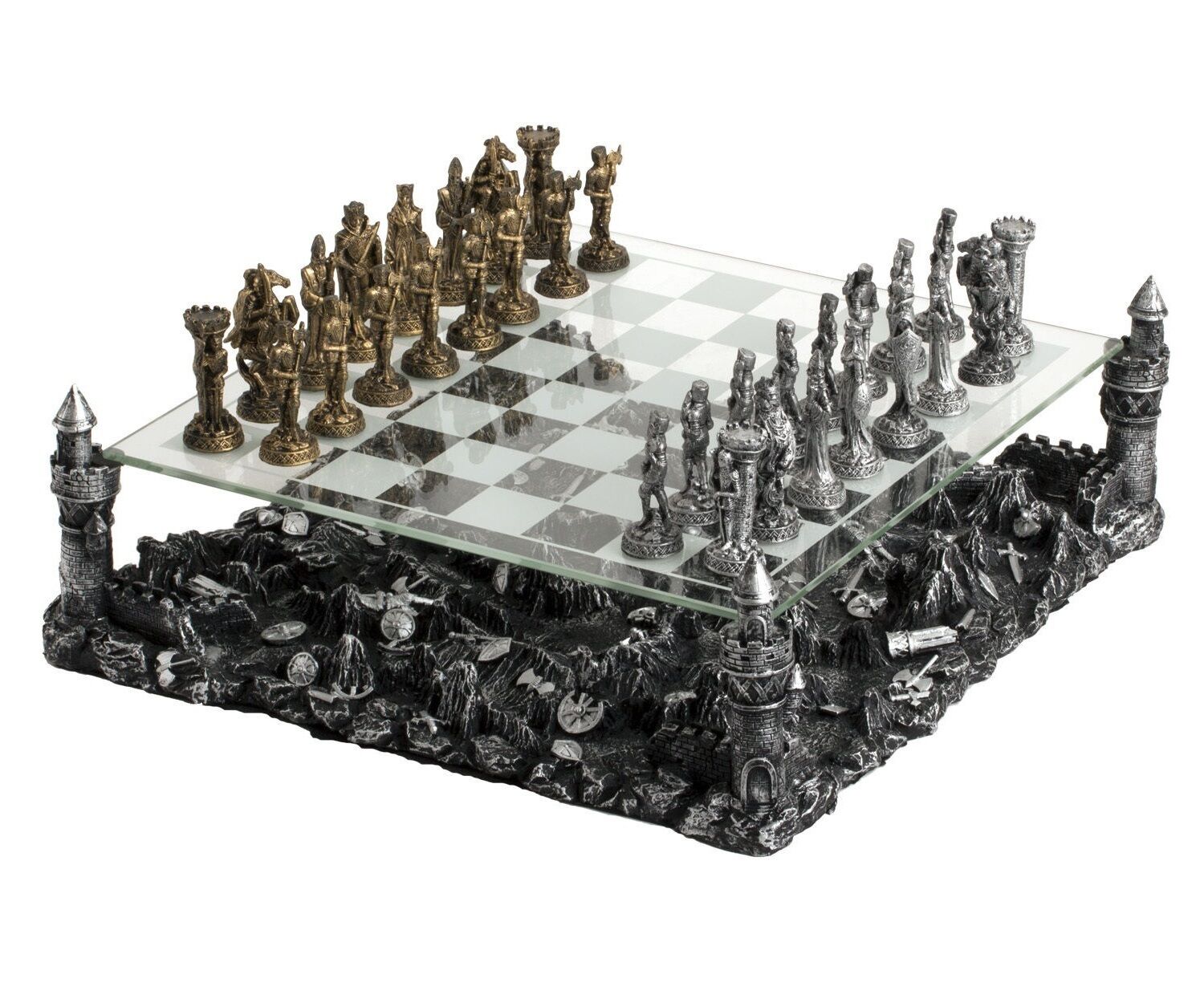 Medieval Times Crusades Pewter METAL Chess Set 16 Black & Red Faux Marble  Board