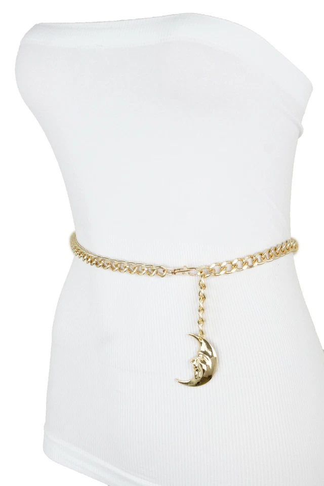 Lo último Mujeres Elegante Moda Cinturón Fino Oro Metal Cadena Luna Dije Cintura Cadera M L XL Foto 4 de 4