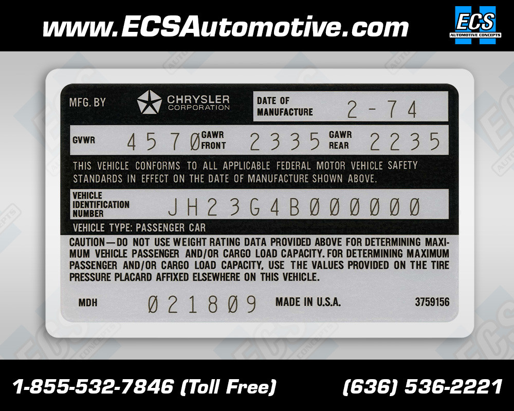 1973-78 Dodge VIN Door Decal Sticker VIN & Date Printed Laminated