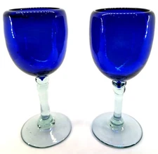 Handblown Cobalt Blue & Clear Glass Stemmed Drink Goblet Set Of 2