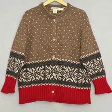 VTG Eddie Bauer Women Sweater L Brown Wool Alpaca Fair Isle Cardigan 90s Grandma