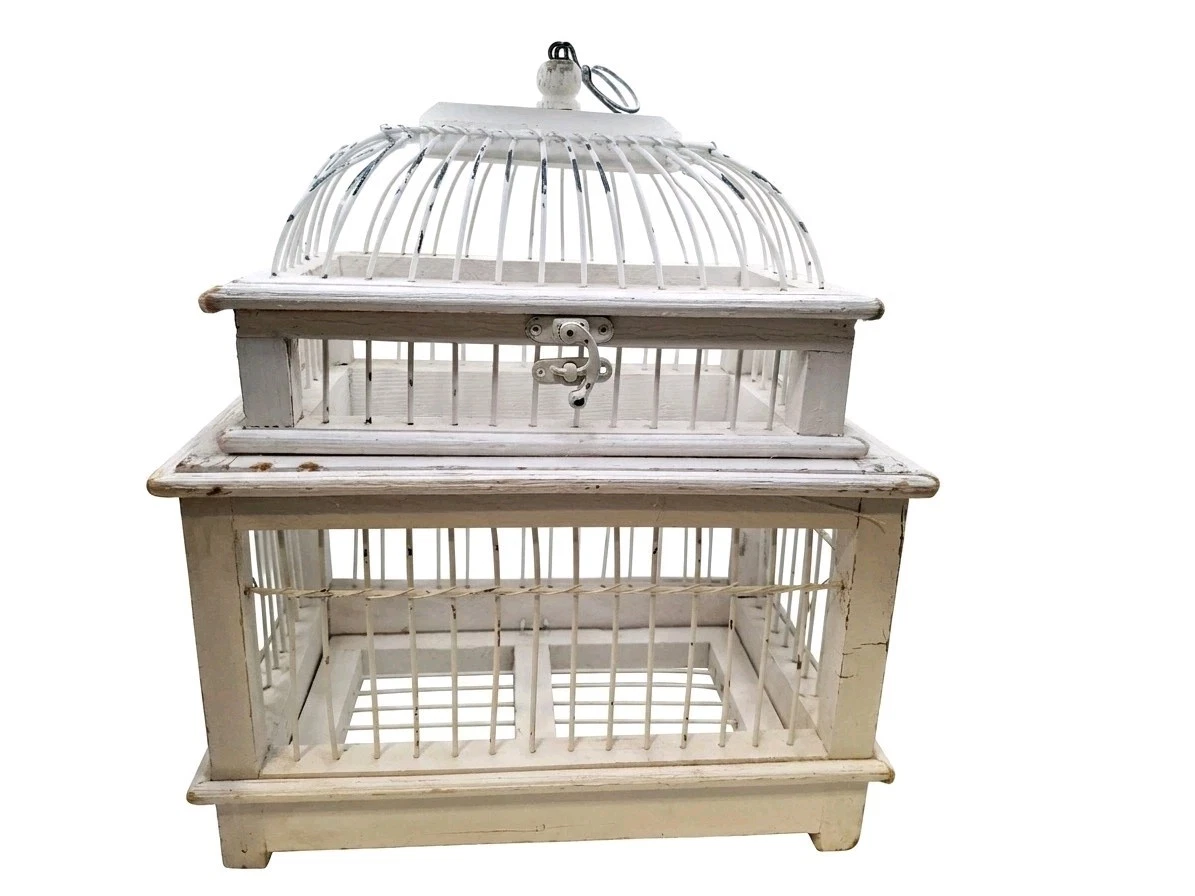 Vintage Wood Bird Cage Metal Wire Dome Victorian Style Bird House Biege 12”