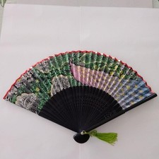 Peacock  Flower Fan with Green Tassel, Lace  Wood, 22cm/37cm, Near Mint