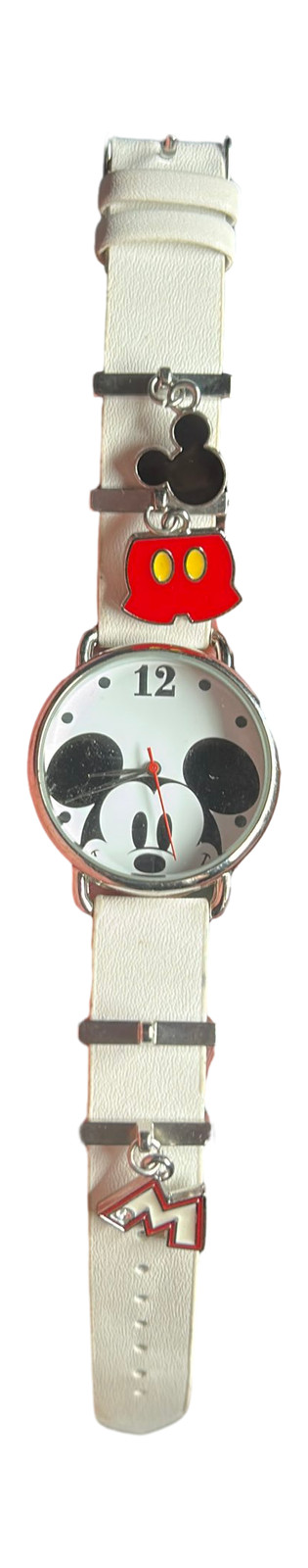 Disney Mickey Mouse Watch White Leather Band Enamel Charms Quartz 1980s