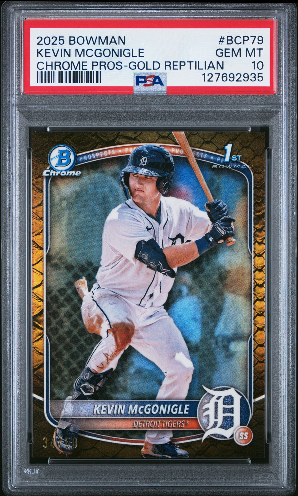 Kevin Mcgonigle 2025 1st Bowman Chrome #/50 Prospects Chrome Gold Reptilian Card