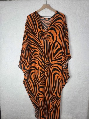 Womens Tiger Print Kaftan Maxi Dress OS Orange V Neck Kimono Sleeve Resort
