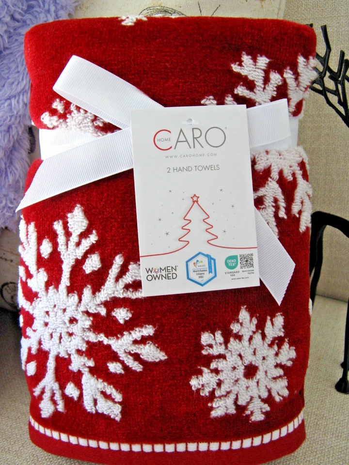 Nuevo Juego de 2 toallas de mano de baño de algodón copos de nieve rojos y blancos de Navidad CARO Foto 2 de 4