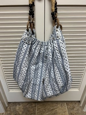 Esprit Blue White Geometric Shoulder Bag Beaded Studded Rope Handle Bohemian