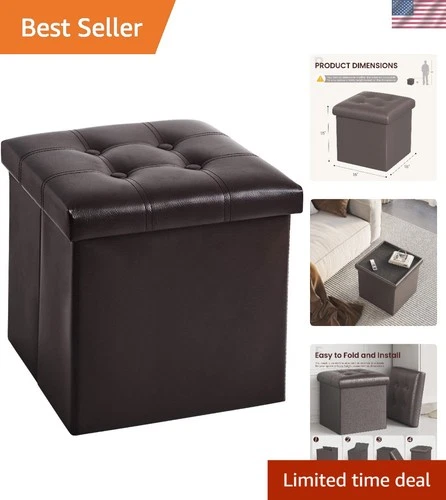 Elegant Faux Leather Storage Ottoman - 15” Foldable & Comfort-Enhancing Design - product listing photo