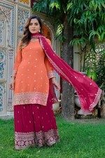 Festival Wear Faux Georgette Peach Top Palazzo With Dupatta For Women  Girls
