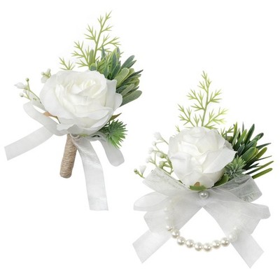 2 PCS Wrist Corsage Boutonniere Set Artificial Flowers Suit Prom White1