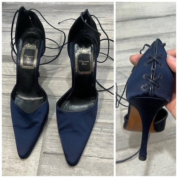 Escarpins Christian Dior satin à lacets talons hauts bleu nuit Italie pointure 6