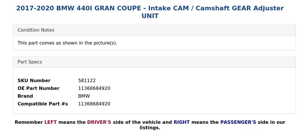 BMW 440I 2017-2020 Gran Coupé - Cámara de admisión/árbol de levas unidad de ajuste de engranajes Foto 3 de 3