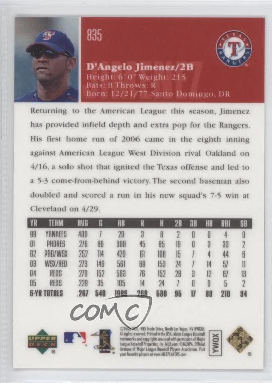 2006 Upper Deck Special F/X Green /99 D'Angelo Jimenez #835 - Image 2 of 2