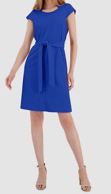 Kasper Women's Blue Cap-Sleeve Seamed Belted Dress Size XS