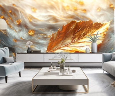 3D Marble Texture Leaves Golden Self-adhesive Removeable Wallpaper Wall Mural