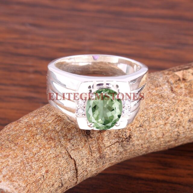 Natural Green Amethyst Gemstone with 925 Sterling Silver Ring for Men's #2911