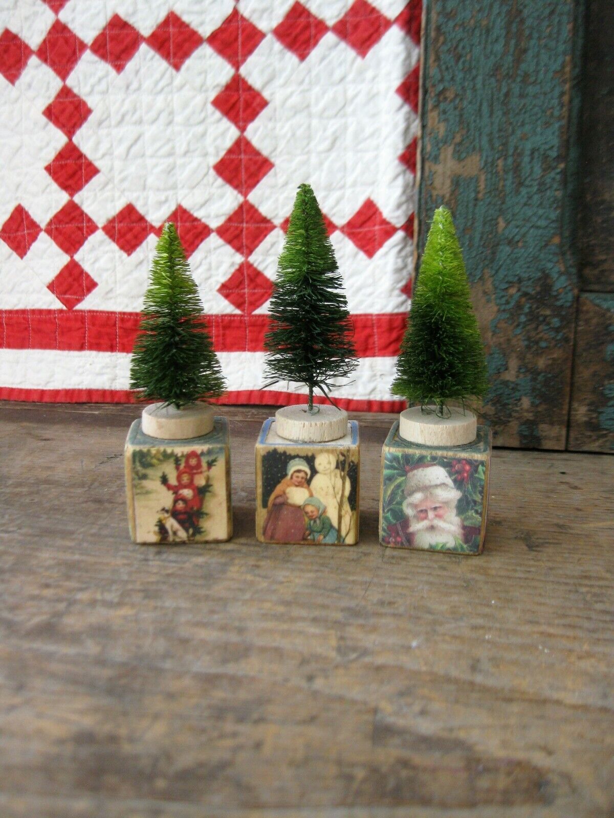 Set of 3 Bottle Brush Christmas Tree Antique Alphabet Blocks Old Postcards
